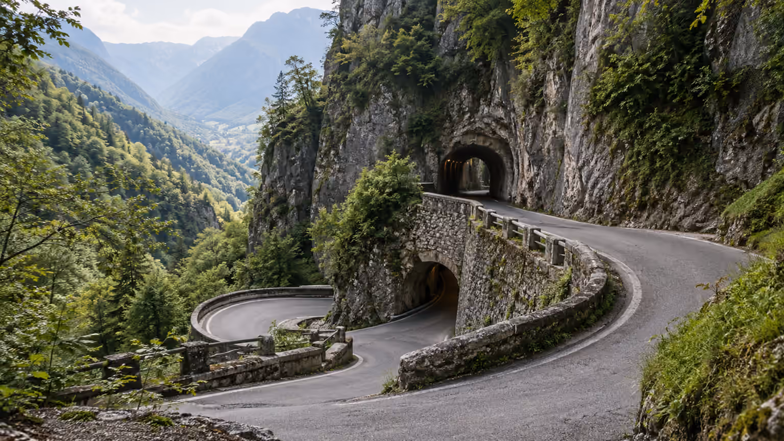 A narrow mountain road winding through tunnels and hairpin bends on San Boldo Pass