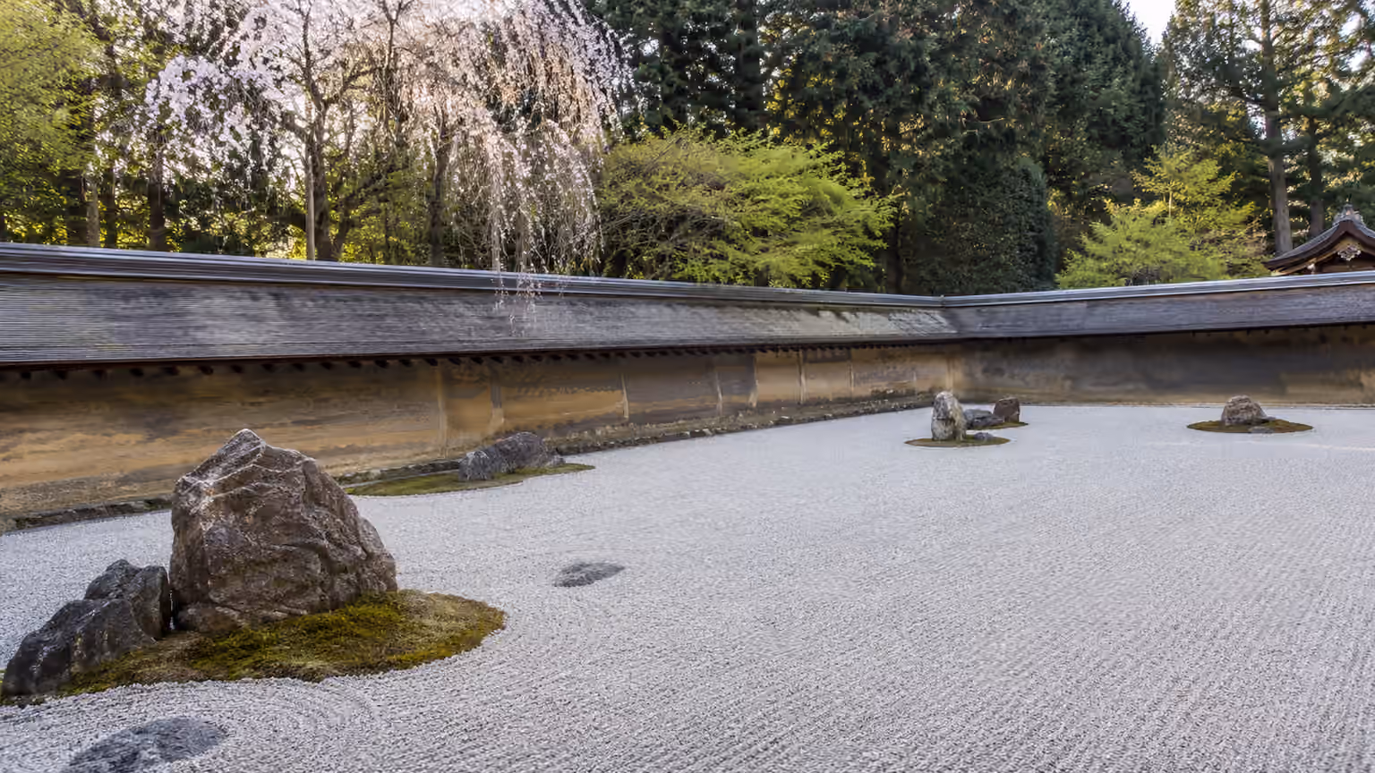 Ryoanji's dry landscape garden in Kyoto Japan with raked pale gravel