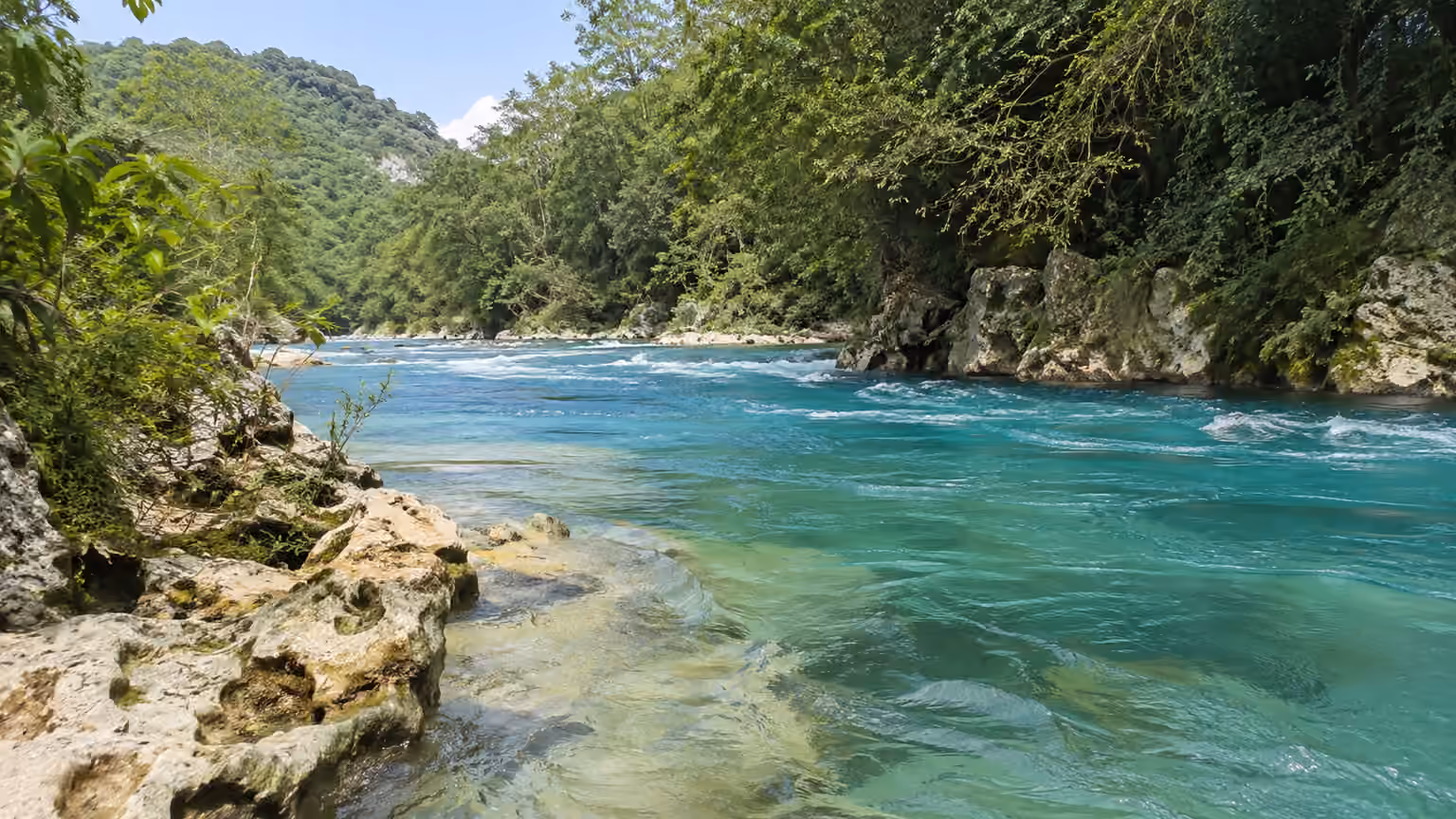 Close view of flowing blue-green Rio Tampaon water past natural pale limestone and dense