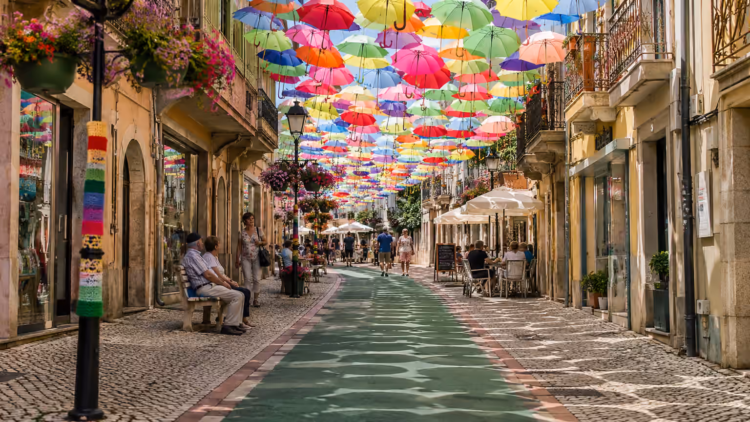 Colorful suspended umbrellas over a narrow central street in Agueda Portugal during the seasonal