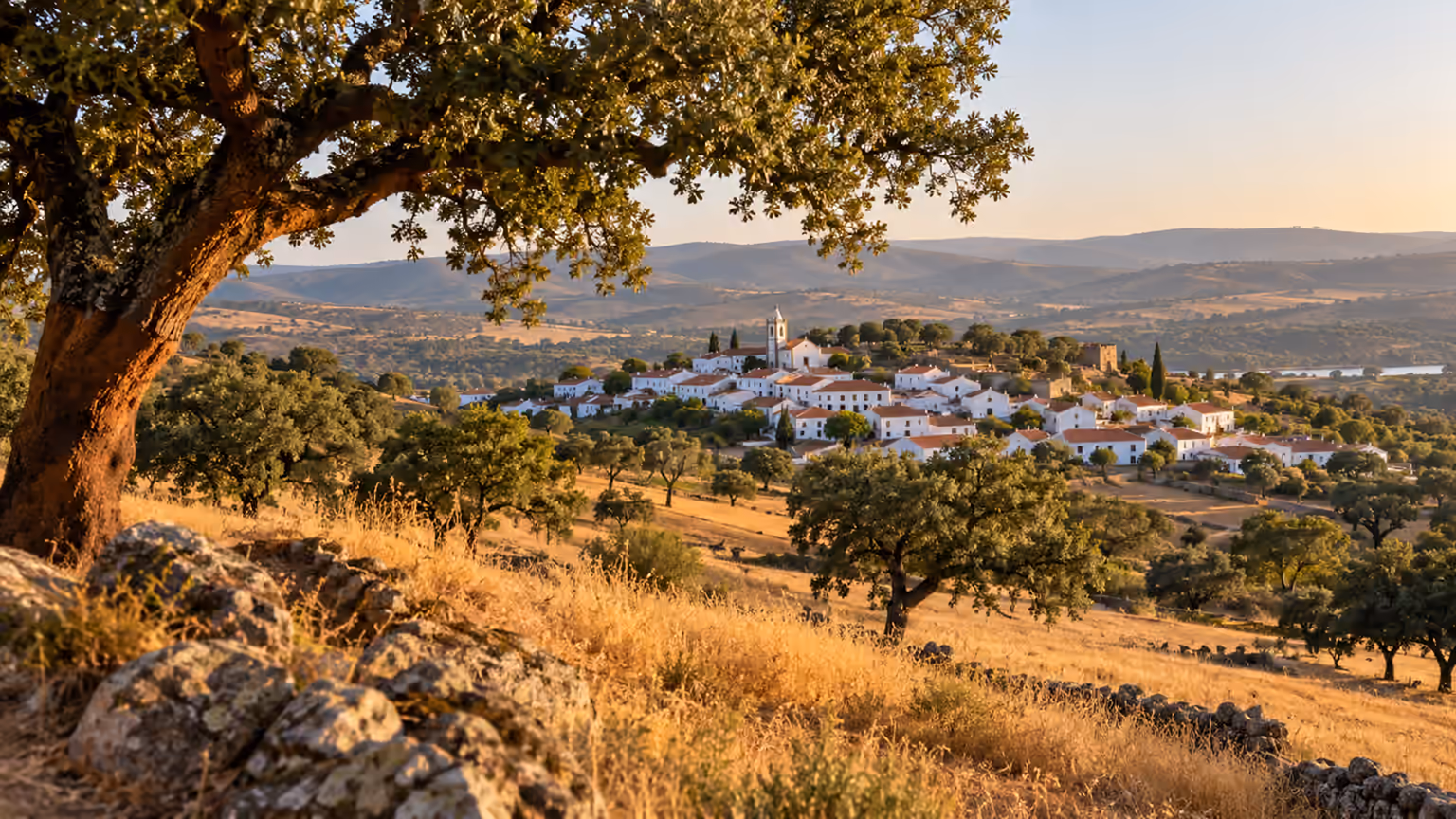 Golden fields and cork oak trees overlooking white houses with terracotta roofs