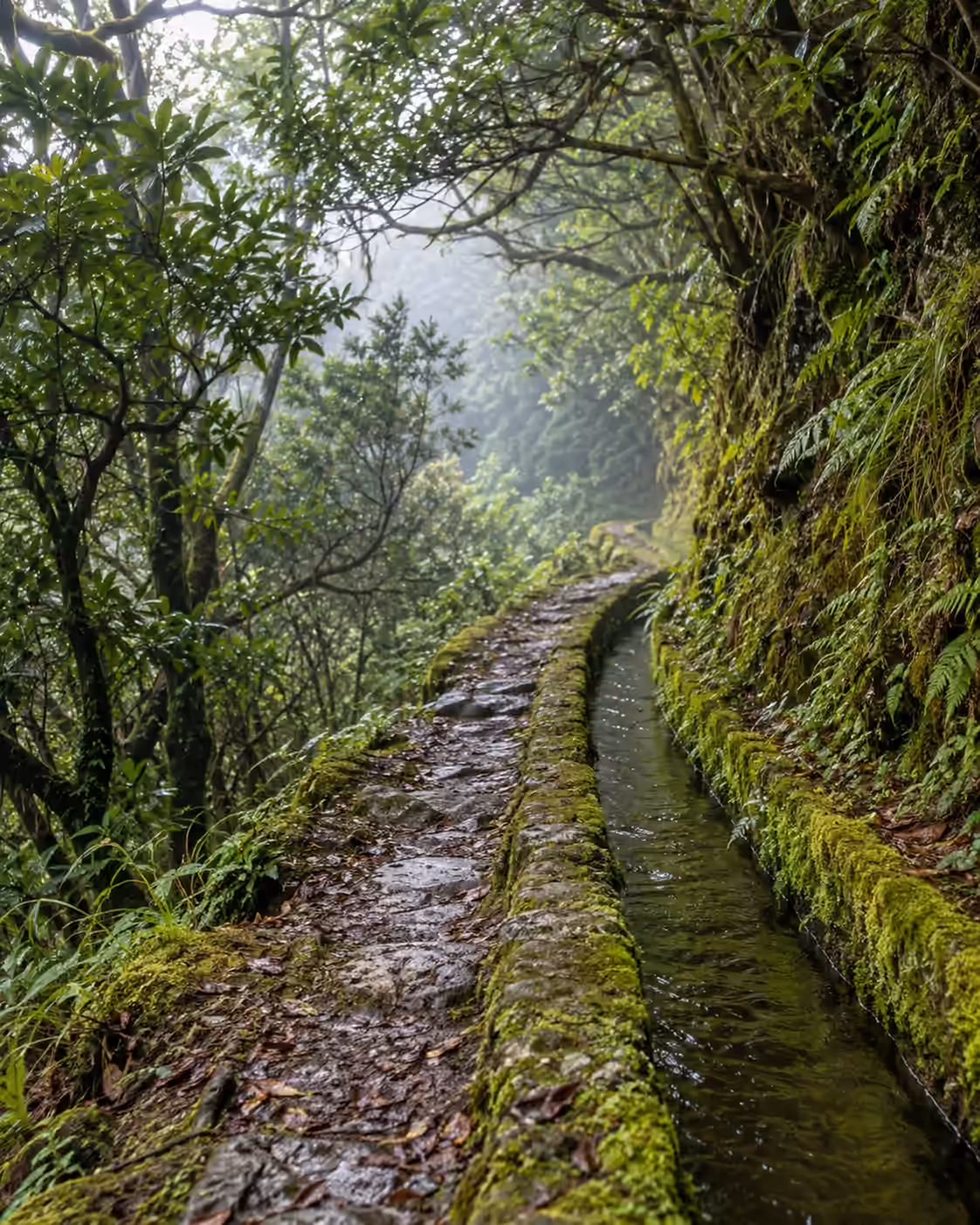 A moss-covered stone footpath beside a narrow water channel in a misty green forest