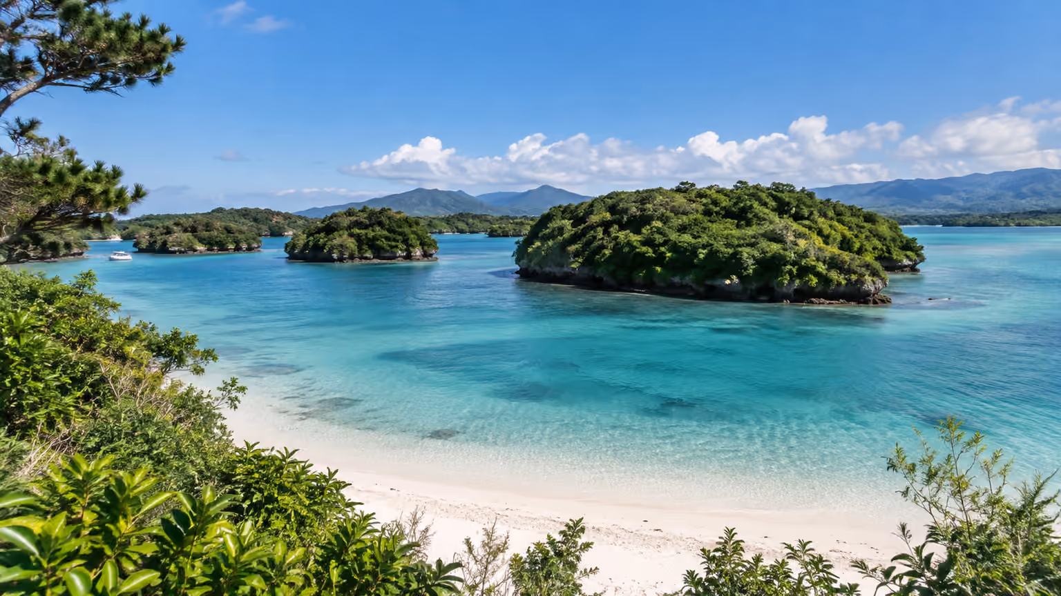 Turquoise Kabira Bay around green islets on Ishigaki in Japan’s Yaeyama Islands