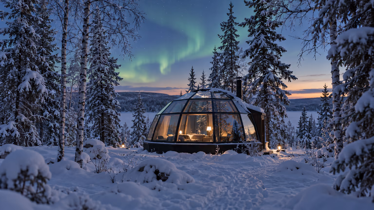 Glass igloos amid snow-covered pine trees beneath northern lights in Finnish Lapland