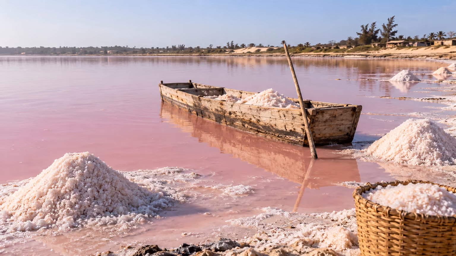 Pale rose-colored water, salt banks and a wooden boat at Lake Retba in Senegal