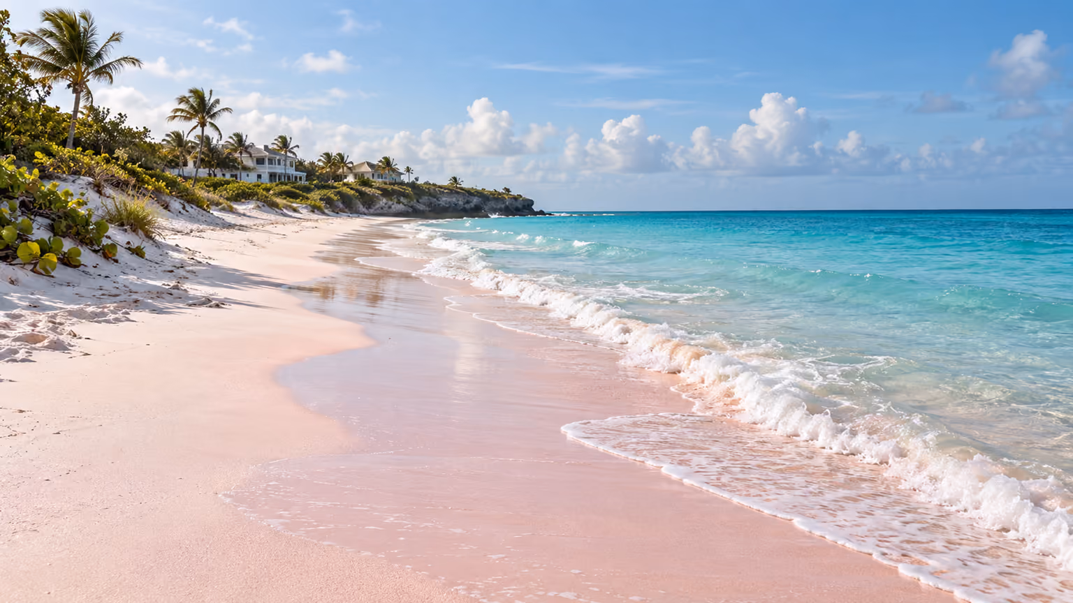 Soft pink sand beside turquoise surf and coastal vegetation on Harbour Island