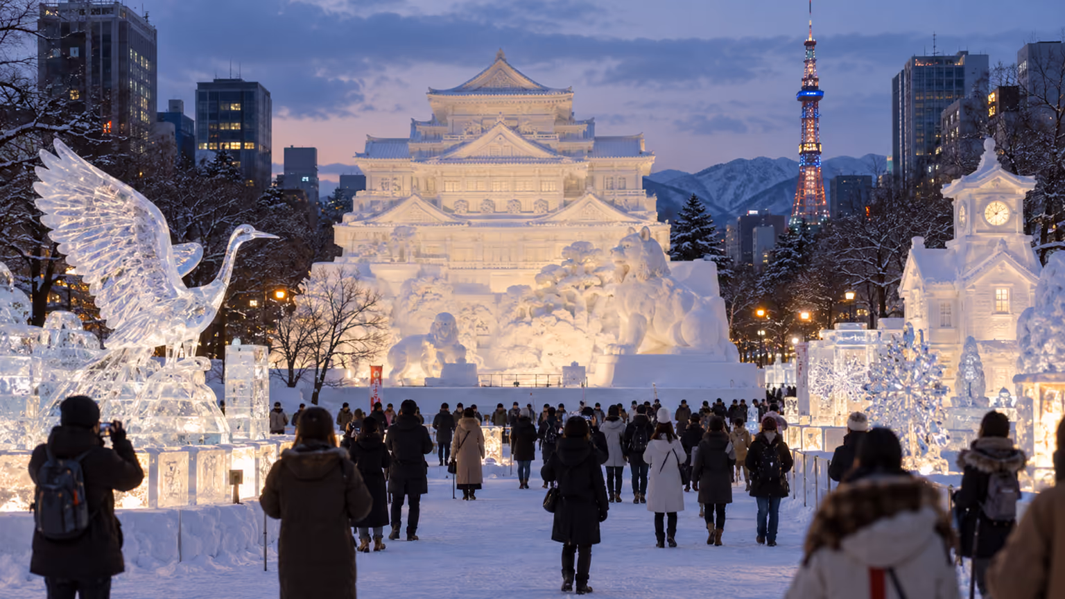 An intricate snow sculpture illuminated at night among winter visitors in Sapporo