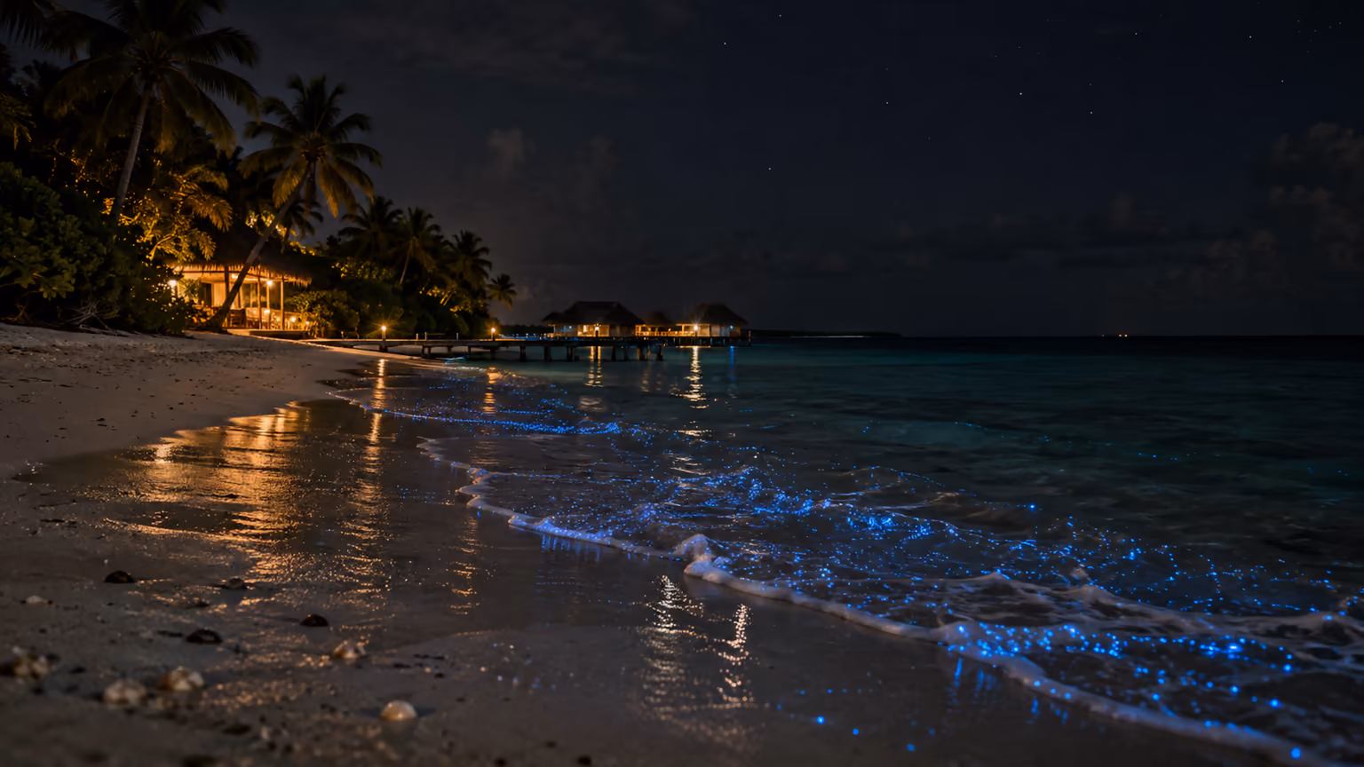 Scattered blue bioluminescent light in small waves on a dark Maldivian beach