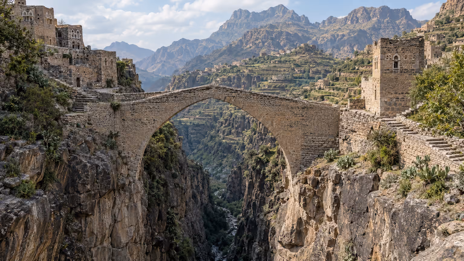 An old stone arch bridge spanning a deep rocky cleft in the Yemeni mountains