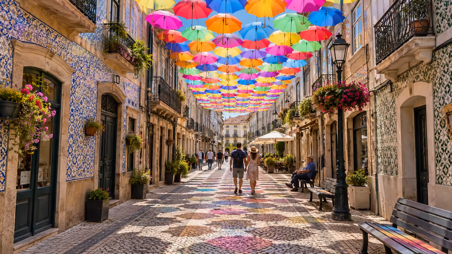 Colorful umbrellas suspended above a pedestrian street with tiled buildings in Águeda